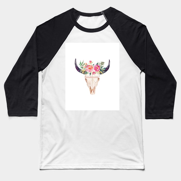 Bull skull with flower crown - hand painted watercolor Baseball T-Shirt by SouthPrints
